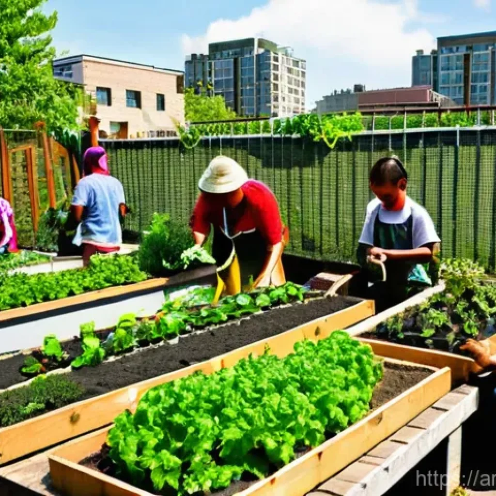 지역생산과 도시 농업의 상관관계 - **"A vibrant and bustling urban community garden bathed in warm, natural sunlight. Diverse individua...