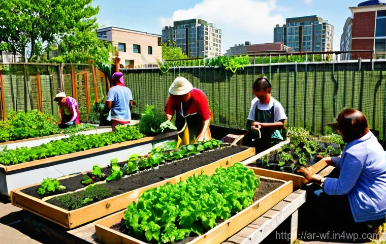 지역생산과 도시 농업의 상관관계 - **"A vibrant and bustling urban community garden bathed in warm, natural sunlight. Diverse individua...
