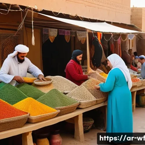 Home 30 지역생산의 사회적 가치 창출 - A vibrant traditional Middle Eastern local market scene in an Arabic town, showcasing artisans and f...