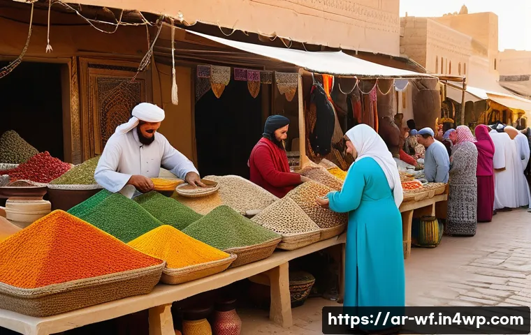 지역생산의 사회적 가치 창출 - A vibrant traditional Middle Eastern local market scene in an Arabic town, showcasing artisans and f...