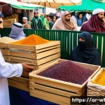 Home 17 지역생산의 경제적 가치 측정 - A vibrant Middle Eastern local market scene showcasing diverse traditional agricultural products suc...