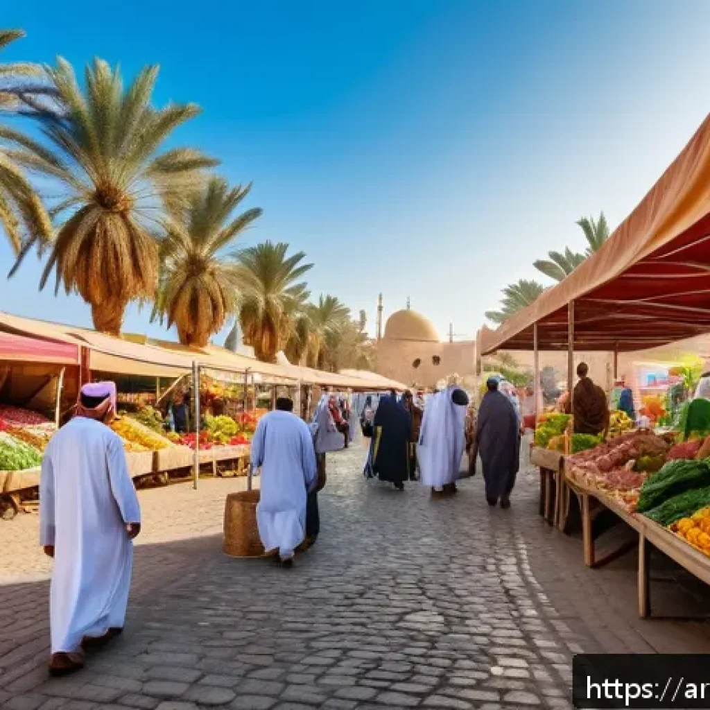 지역생산과 탄소 발자국 감소 - A vibrant local farmers' market scene in an Arabic town, showcasing diverse fresh produce like color...