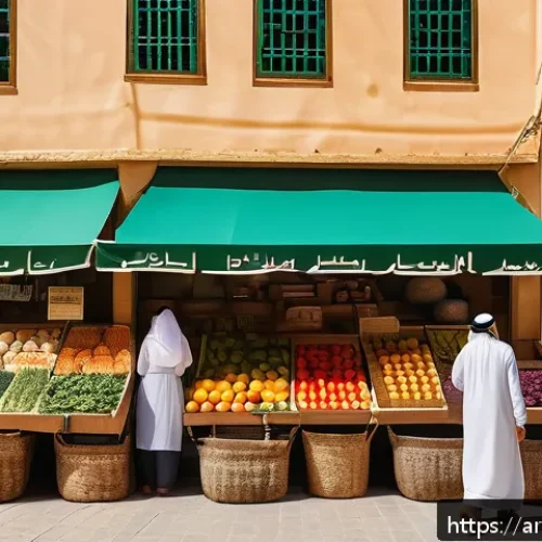 Home 15 지역생산의 소비자 트렌드 변화 - A vibrant Middle Eastern farmer’s market scene set in a sunny urban plaza, featuring local vendors s...