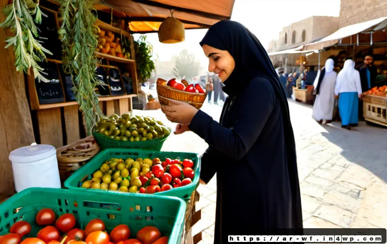 Home 17 지역생산과 지속 가능한 소비 - Photorealistic early-morning farmers market in an Arab city, a modestly dressed Arab woman selecting...