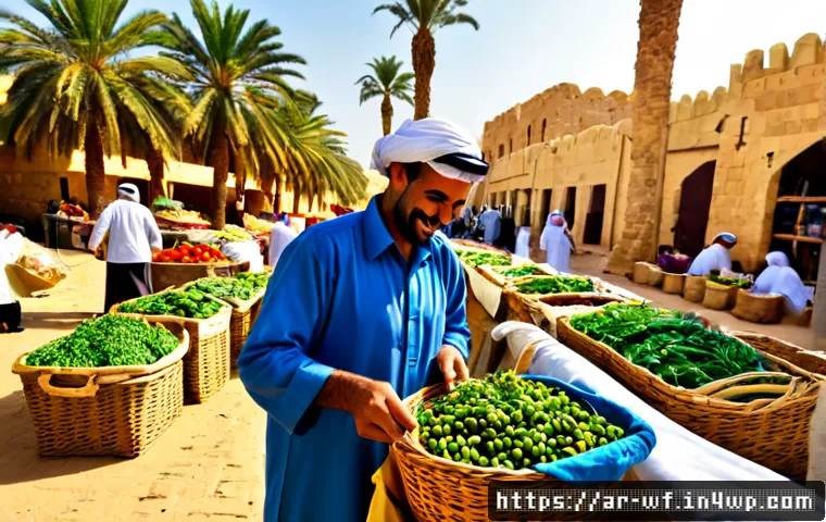 Home 17 지역생산을 통한 지속 가능한 발전 - Photorealistic morning scene at a small Arab community farmers market, a smiling local farmer in mod...